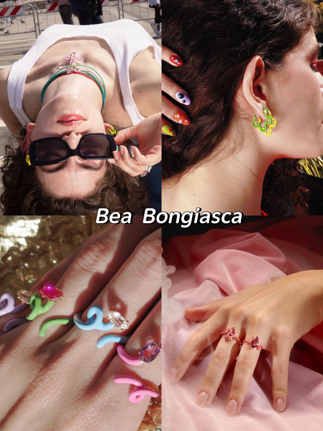 Bea Bongiasca enamel vine rings and earrings in bright green, pink and blue color combinations
