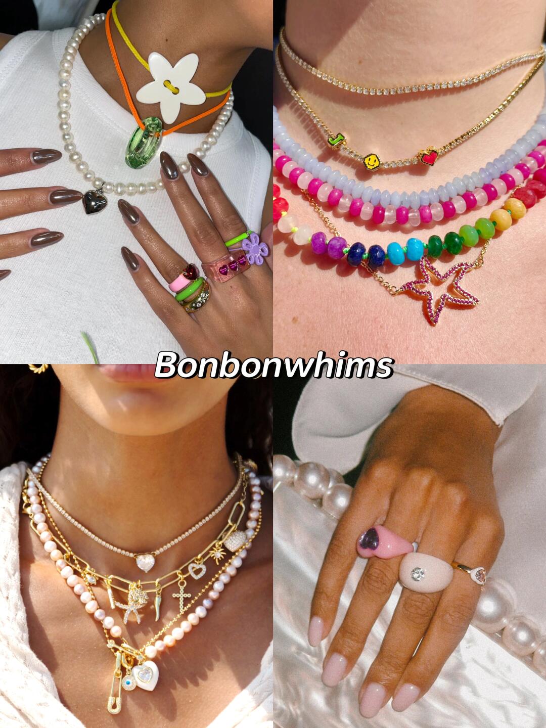 BonBonWhims bead necklaces, pearl strands, rings and colorful charms layered in four Y2K-style looks