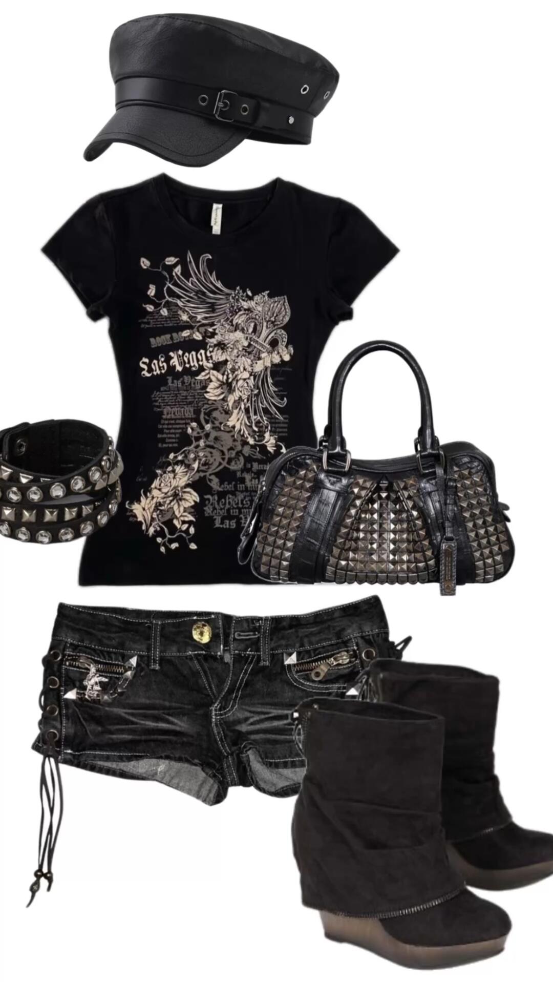 Soft-punk Y2K styling with a worn sneaker and black bag