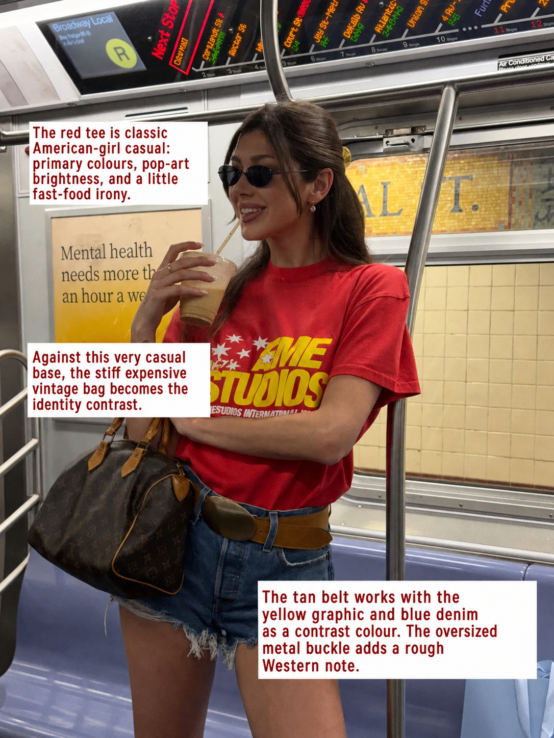 Red tee outfit with denim shorts, tan belt and oversized casual bag