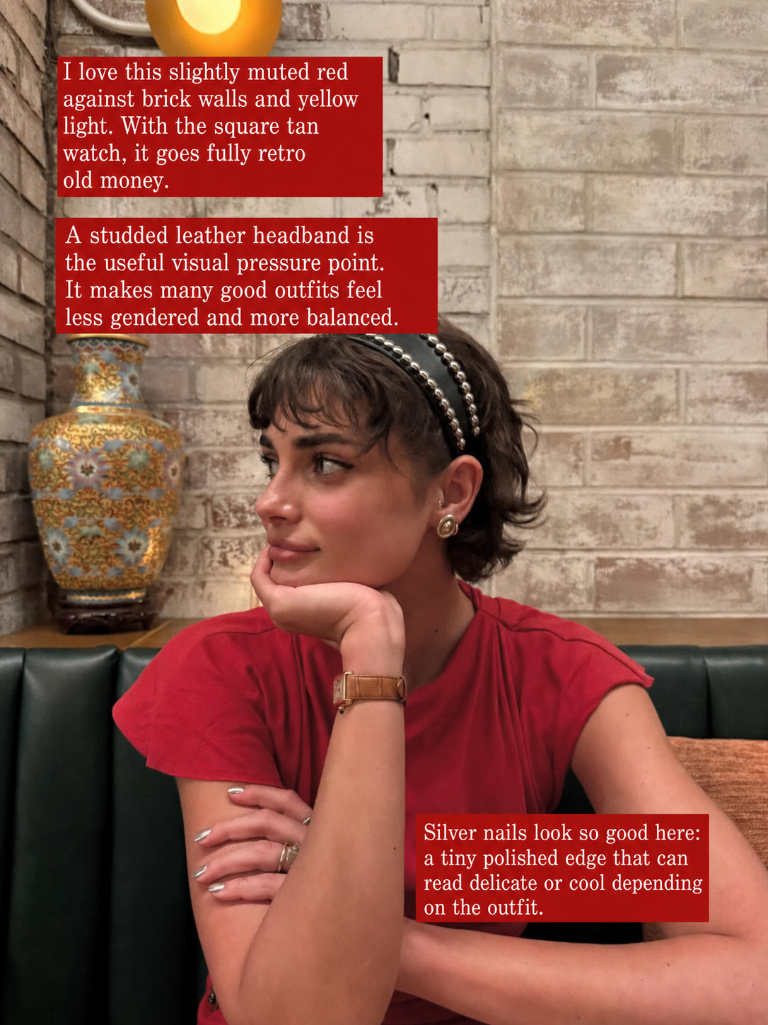 Red tee outfit with studded headband and polished casual styling