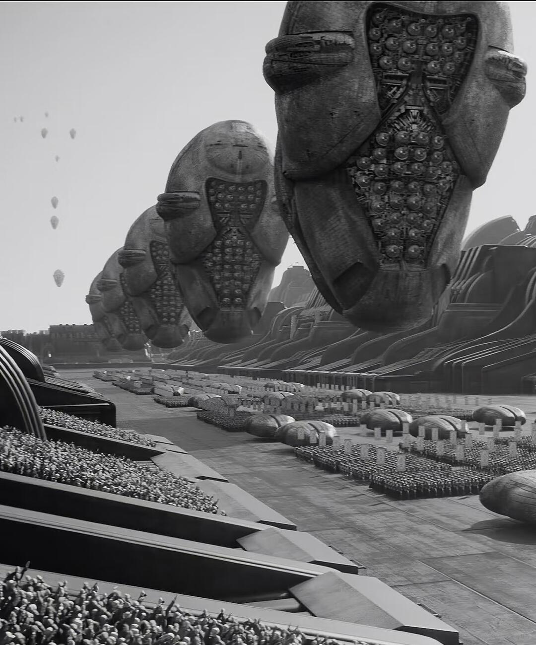 Dune-inspired sci-fi architecture with stark scale and ceremonial mood
