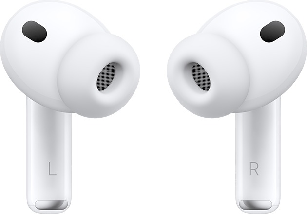Left and right AirPods Pro 3 showing their ear tips and outer housings.