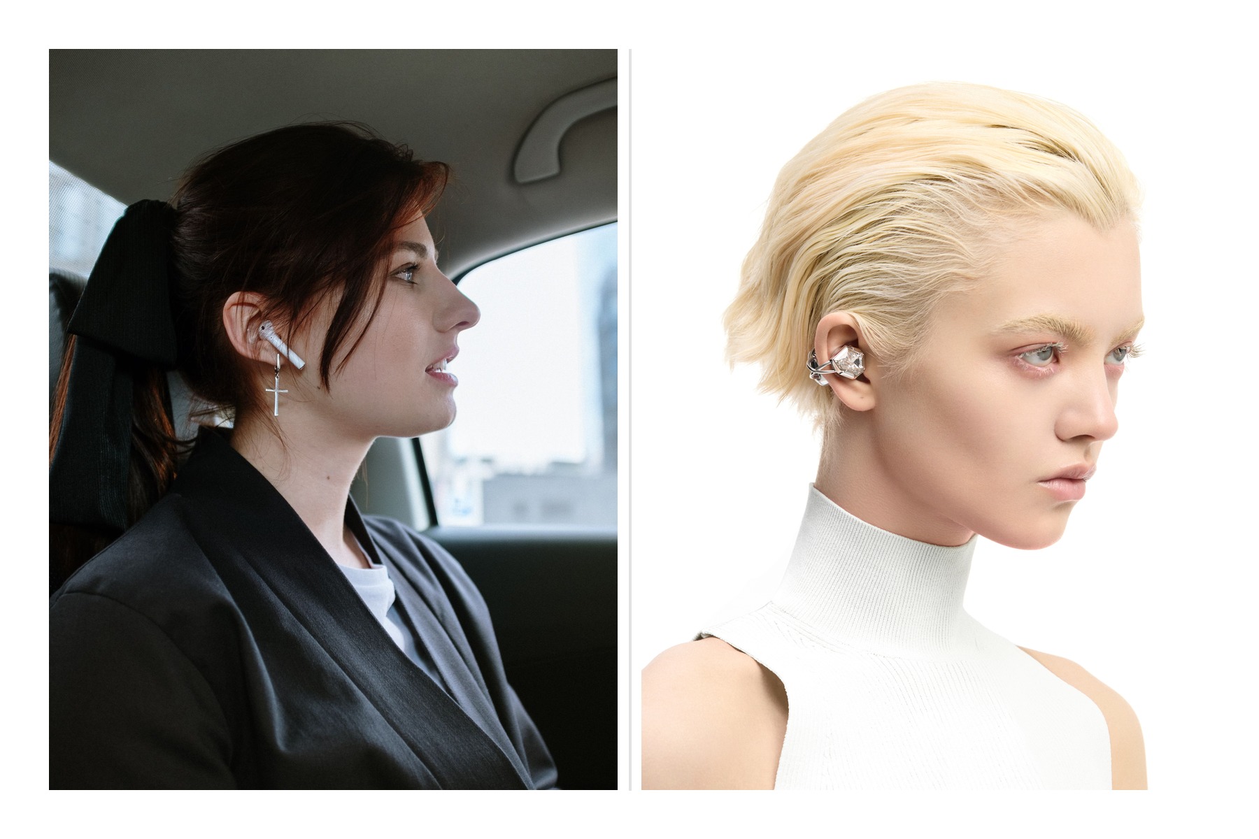 Side-by-side comparison of a conventional stem earbud and a gemstone-style jewelry earbud worn on the ear.