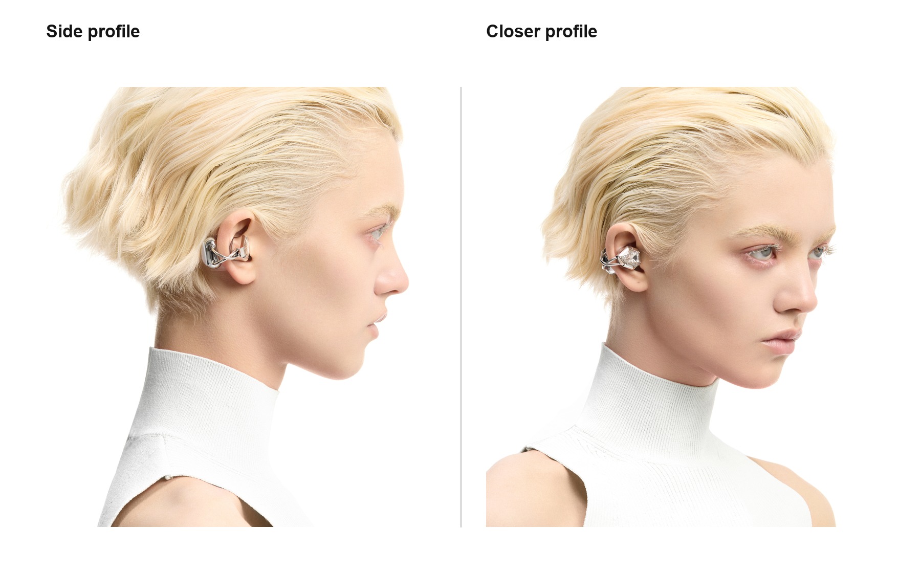 Silver-White Zircon shown from side and closer profile views to demonstrate on-ear proportion.