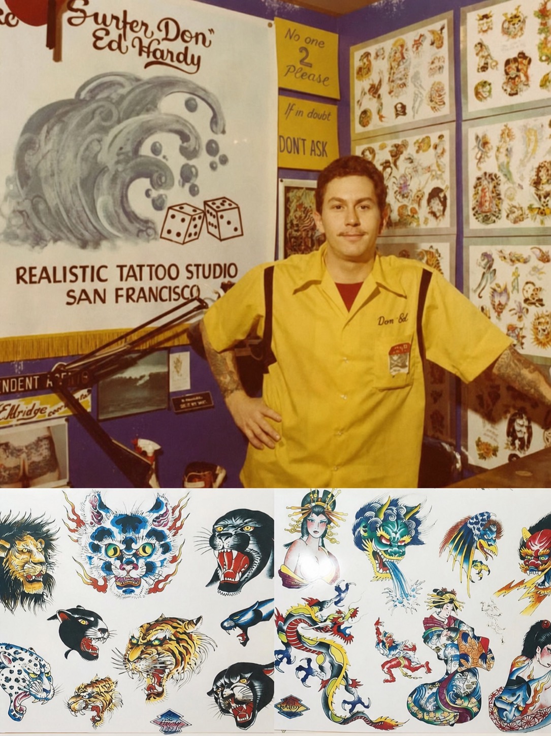 A collage of Don Ed Hardy archive imagery, tattoo studio references, and flash sheets.