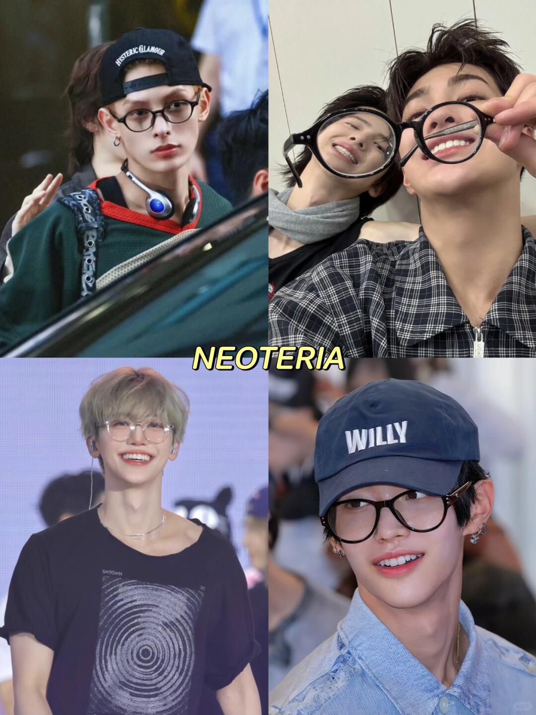 NEOTERIA optical frames shown across four portrait and street-style images
