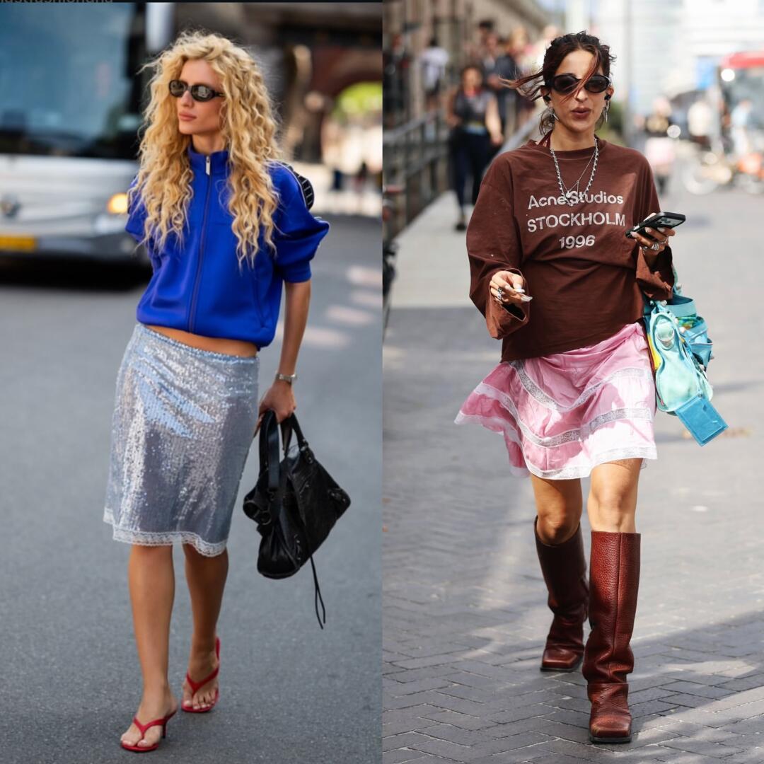 Contrasting blue and red pieces in a confident color-block look