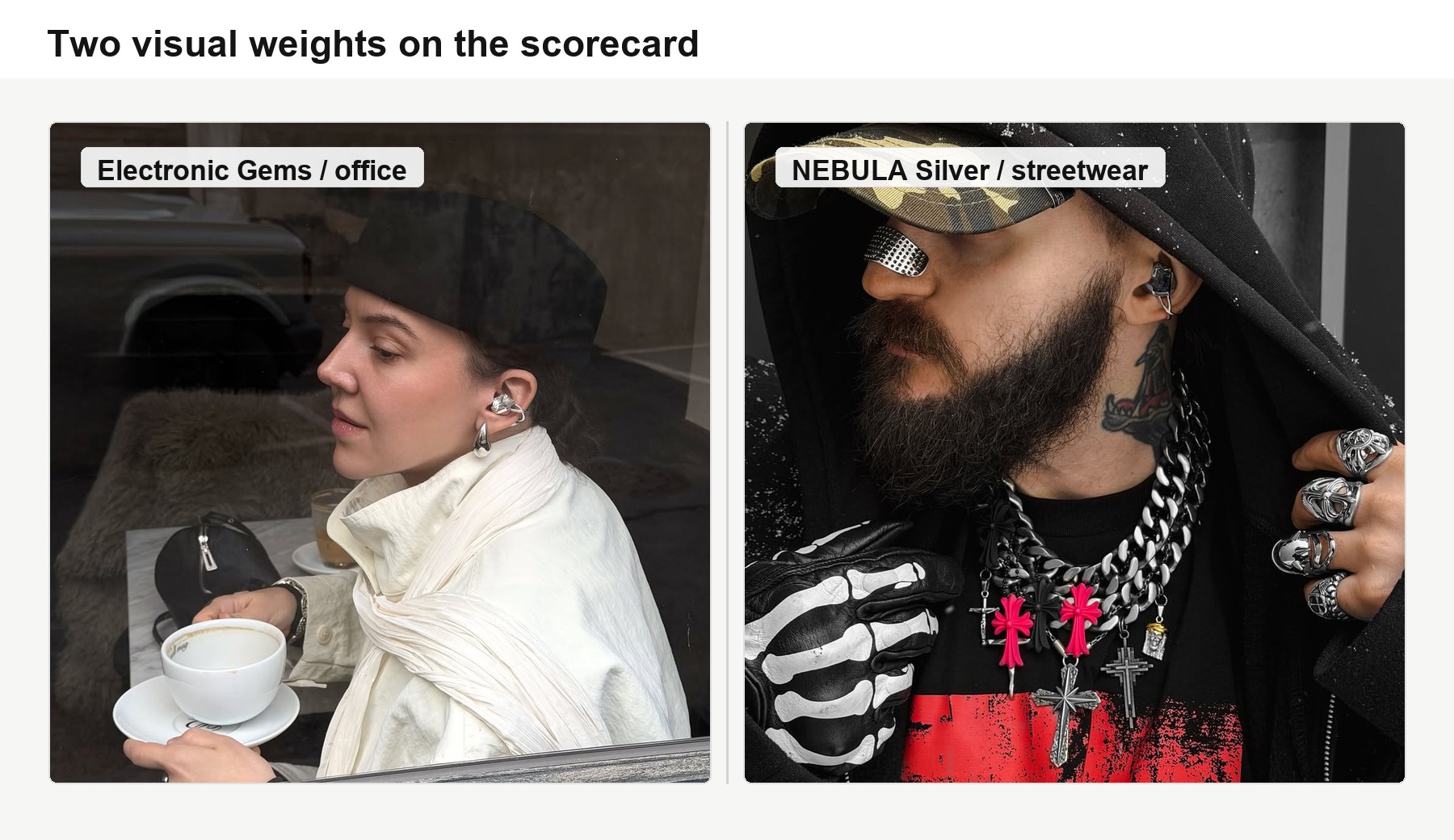 Two visual weights: Electronic Gems in an office context and NEBULA Silver in a streetwear context.