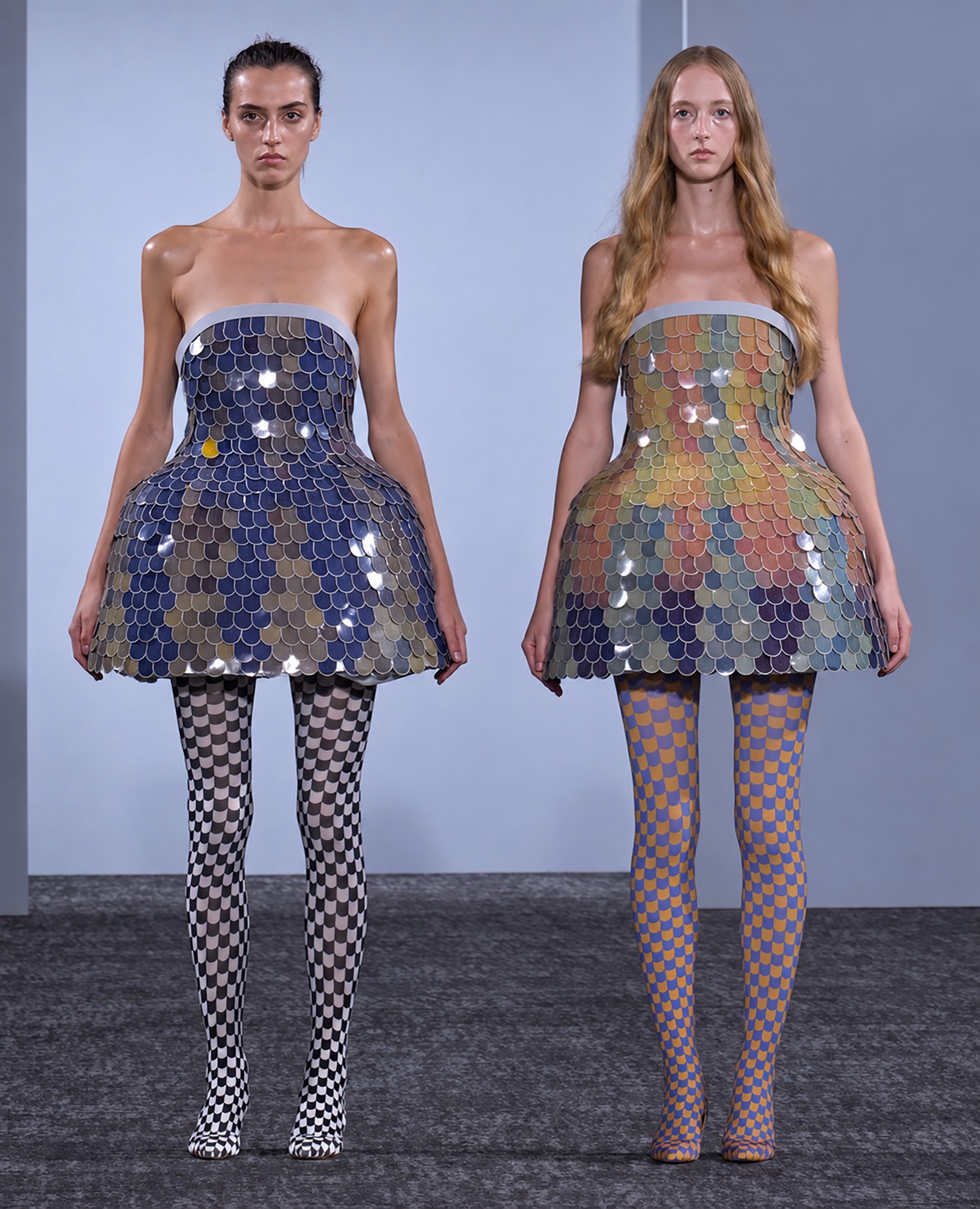 Anrealage Spring 2027 Skin dresses covered in electronic-paper scales.