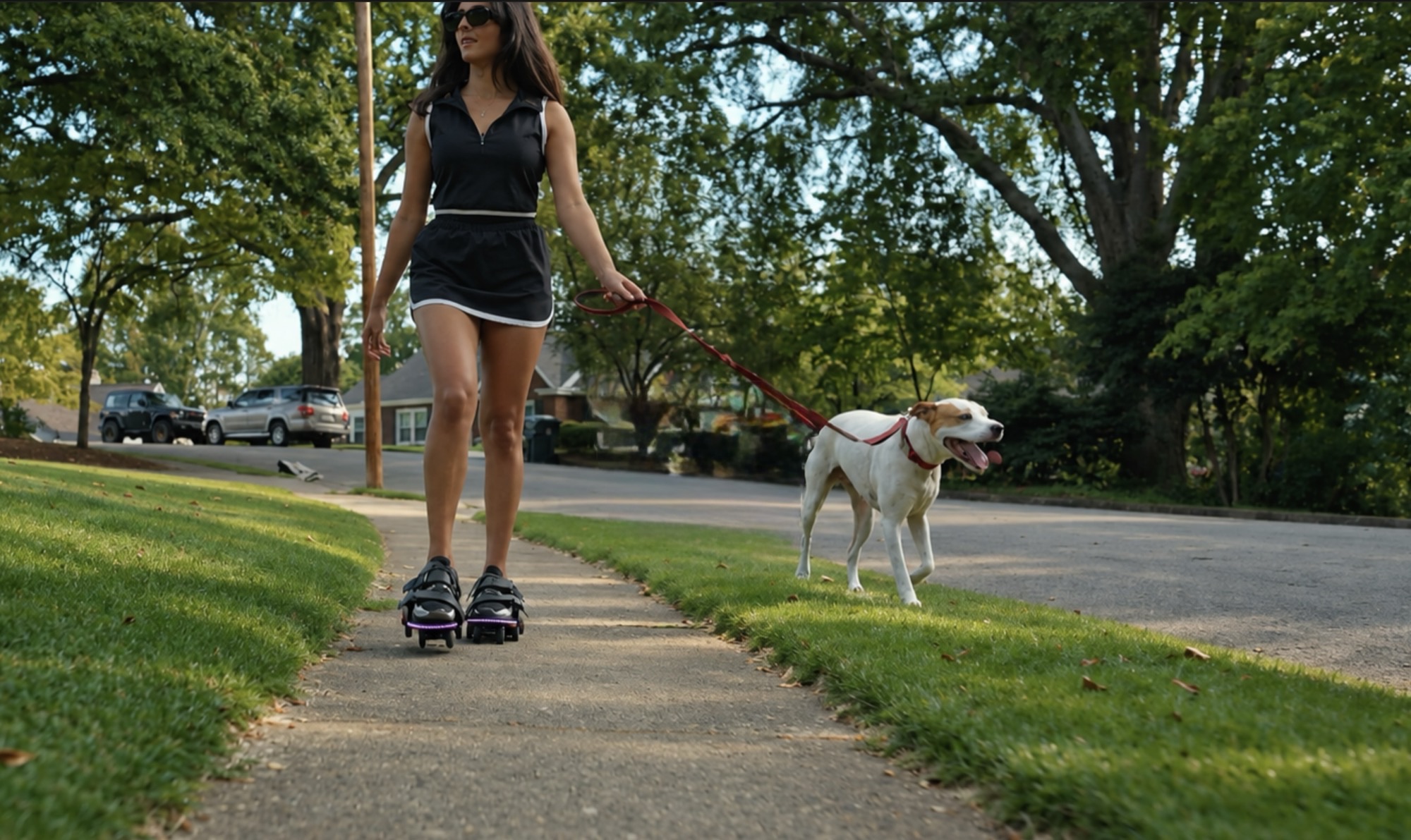 A person wearing Moonwalkers Dusk robotic footwear outdoors.