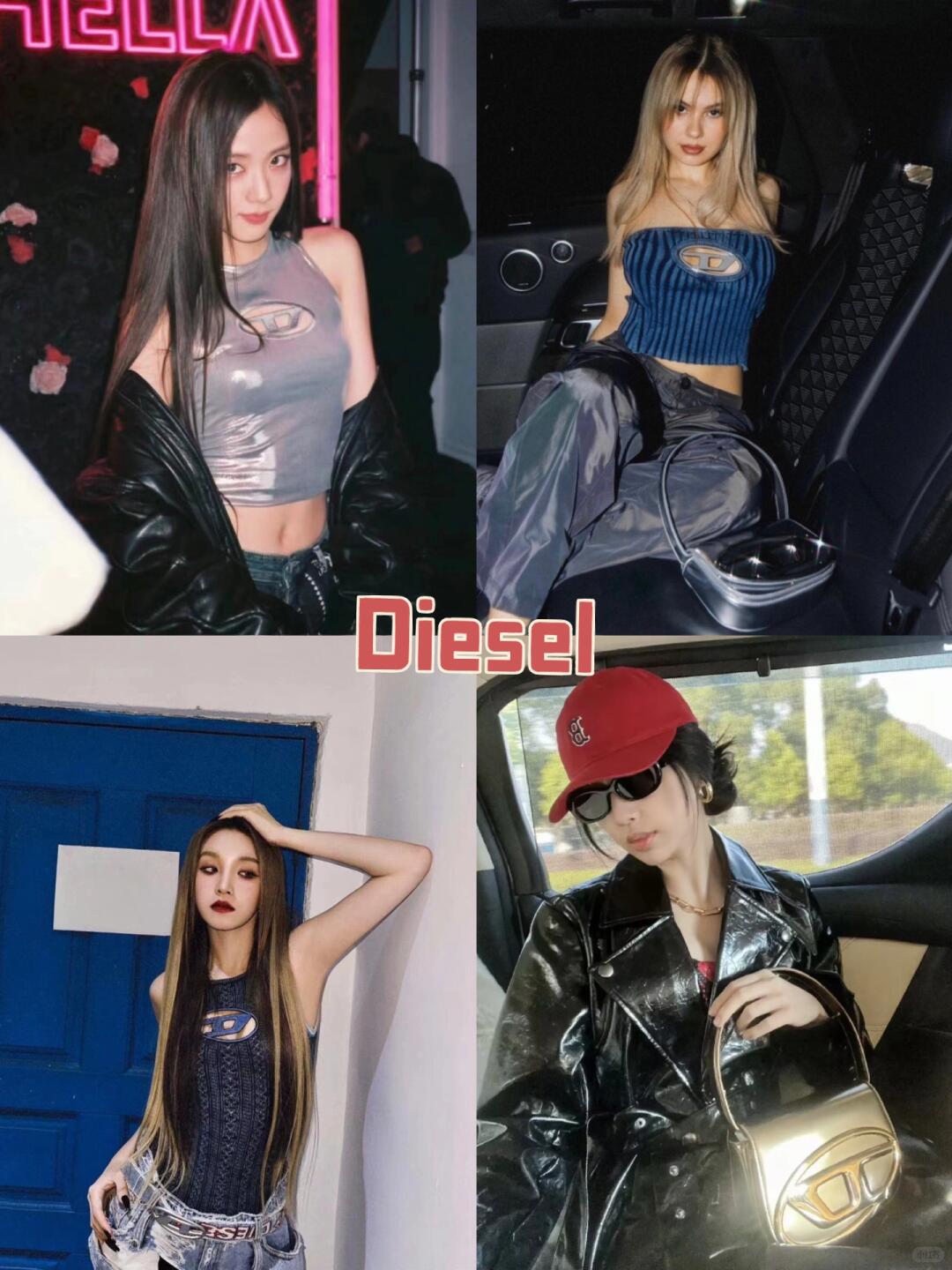 Diesel logo tops, metallic bags and low-waist Y2K festival styling