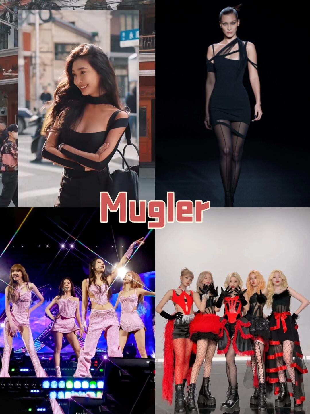 Mugler black cut-out dresses and sculptural stage styling