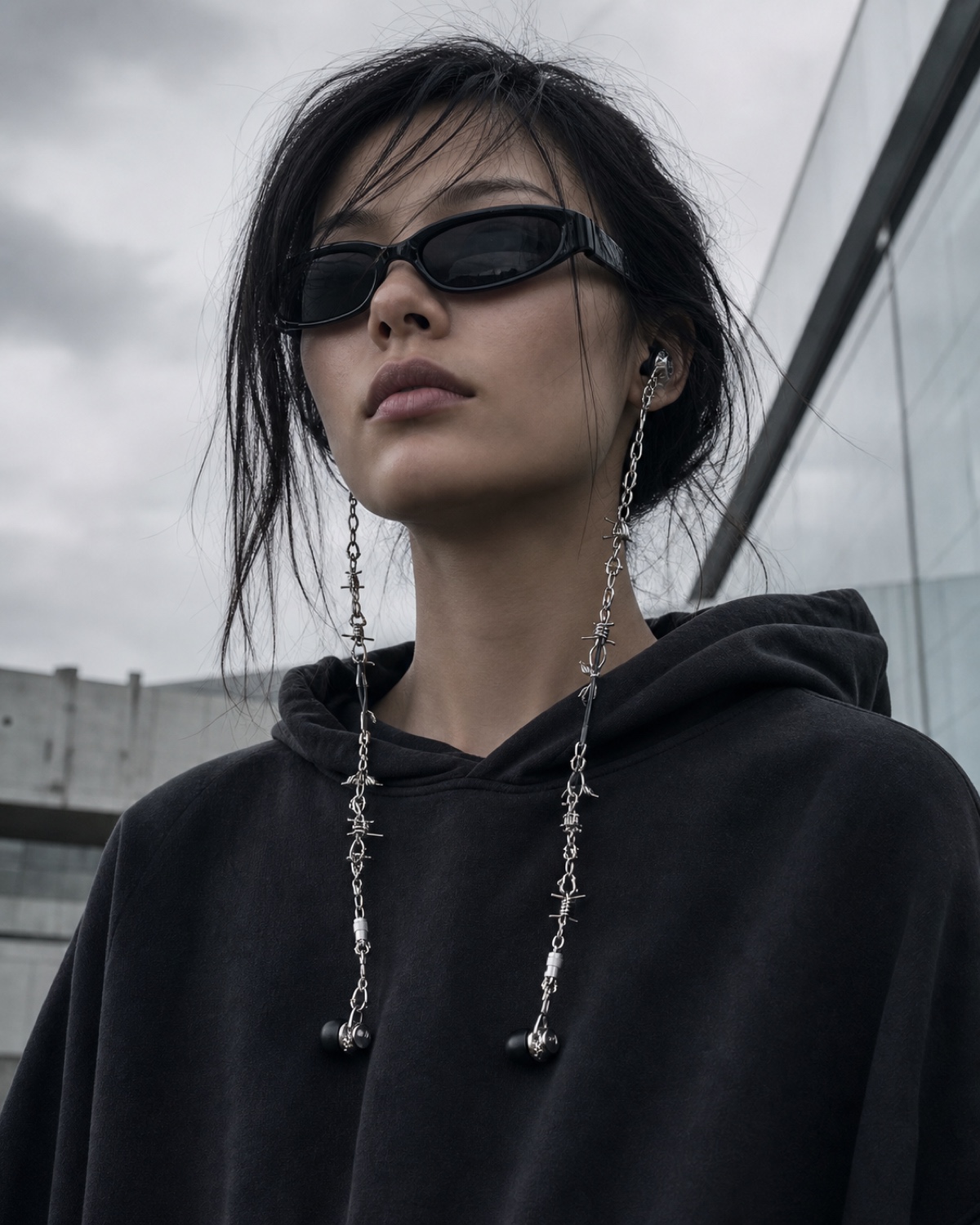 East Asian woman in a black hoodie wearing wired earphones threaded with silver industrial hardware