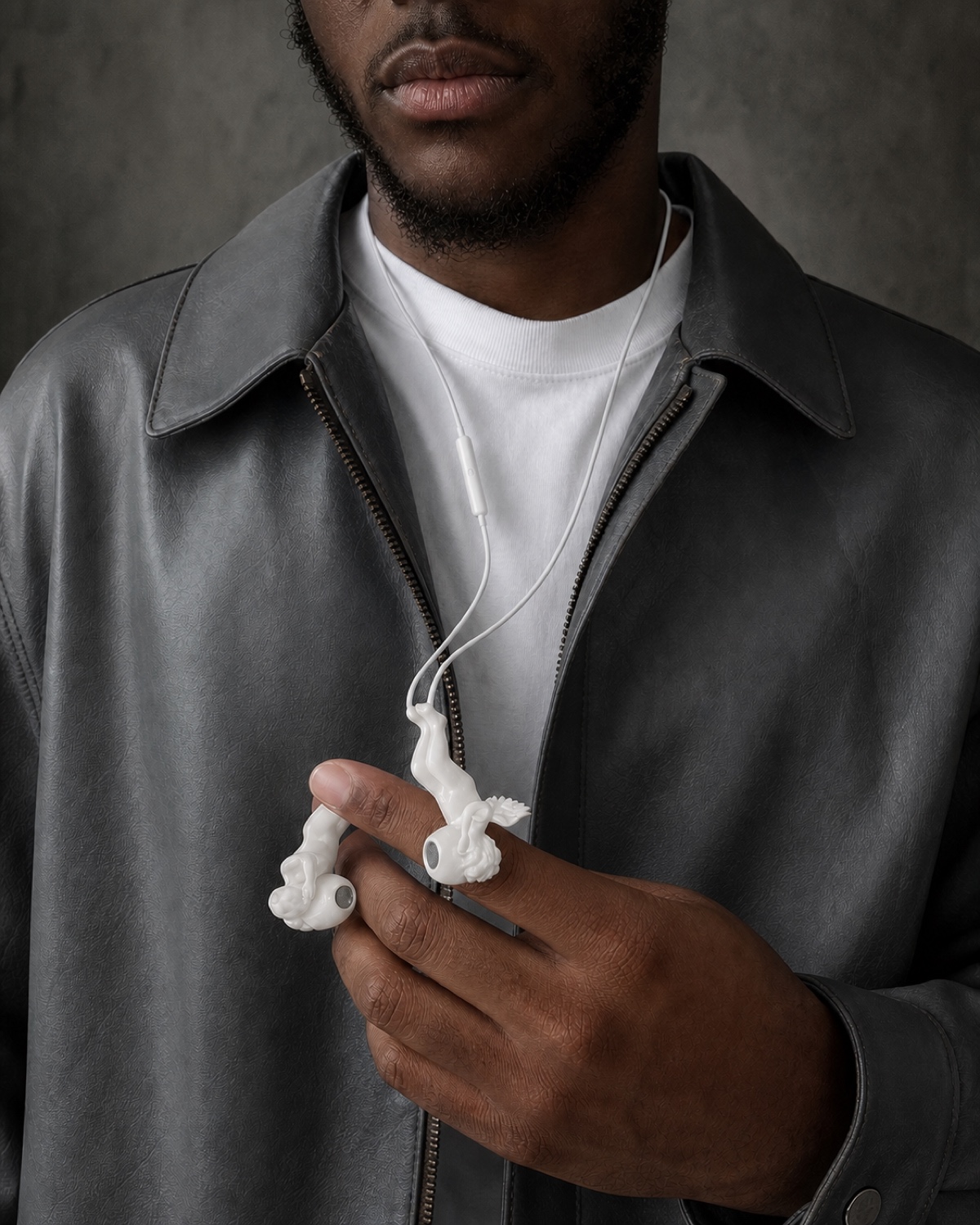 Black man in a grey leather jacket holding white sculptural angel-and-devil wired earbuds