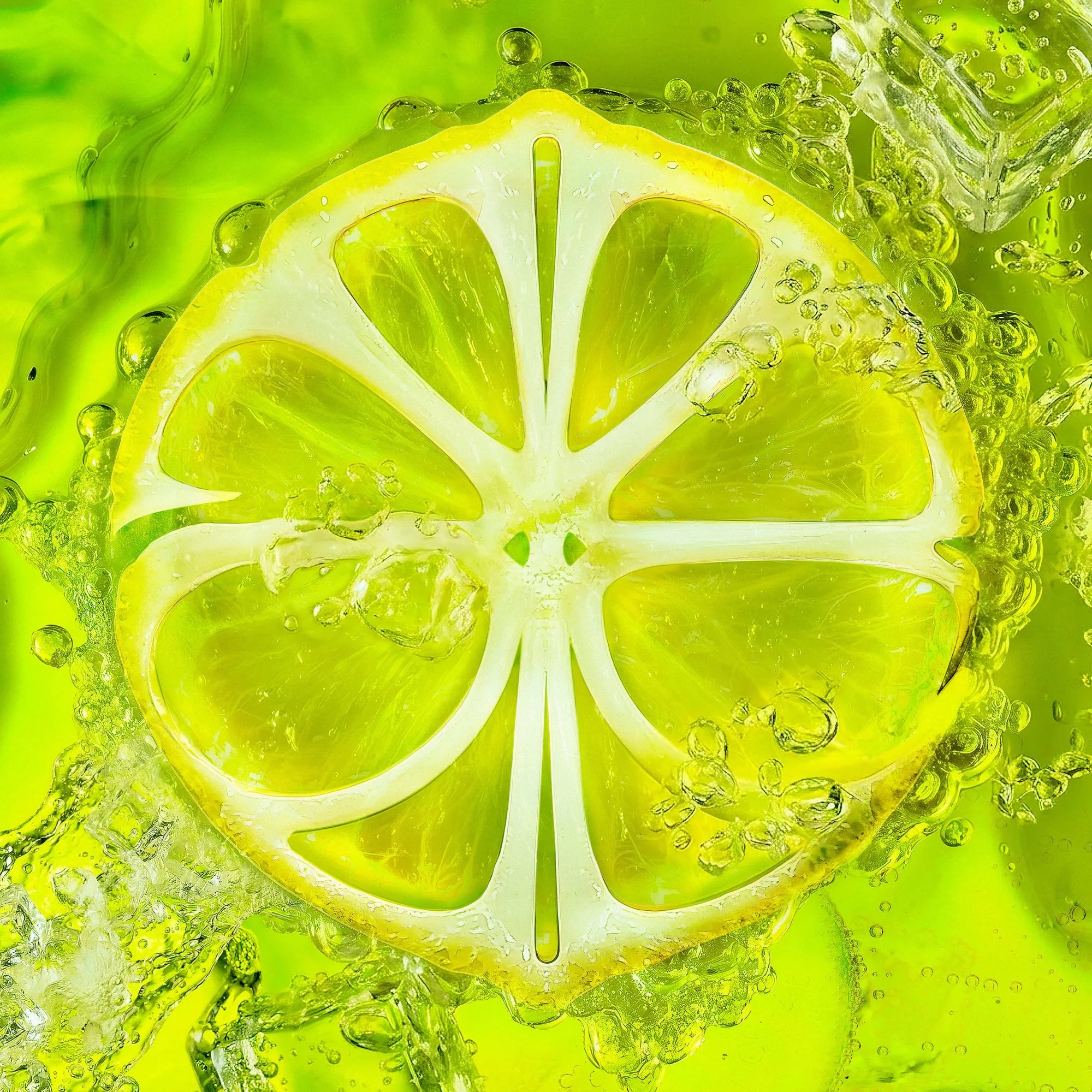 Fluorescent lemon slice suspended in glossy bubbles and liquid
