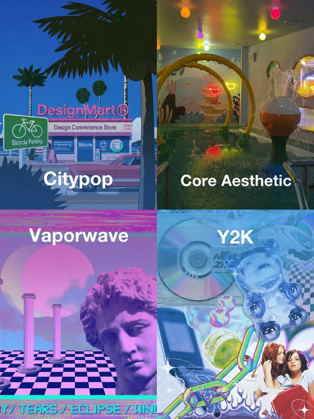 Four aesthetic styles arranged as Citypop, Core Aesthetic, Vaporwave and Y2K