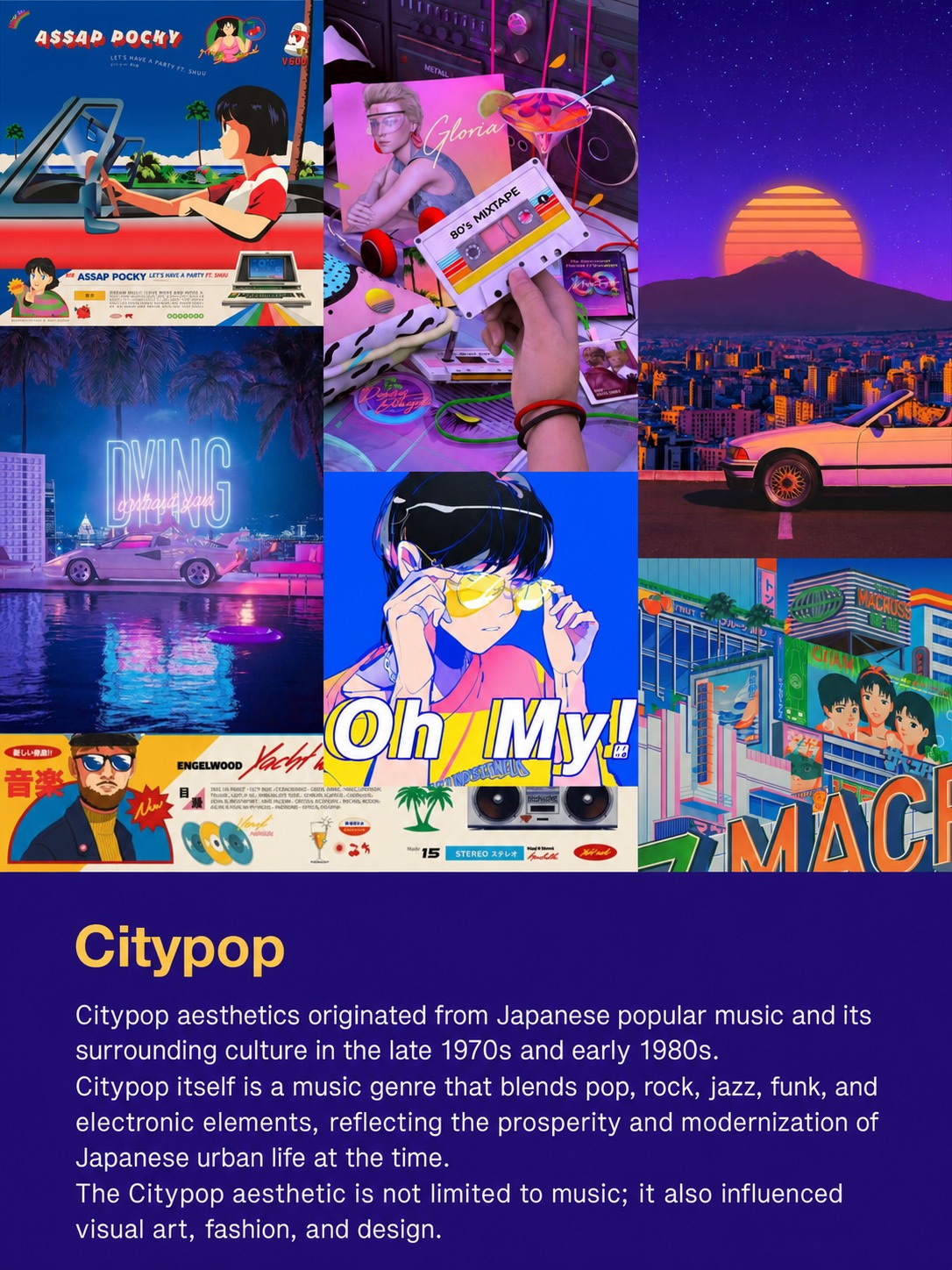 Citypop moodboard with neon city scenes, retro Japanese references and saturated urban imagery