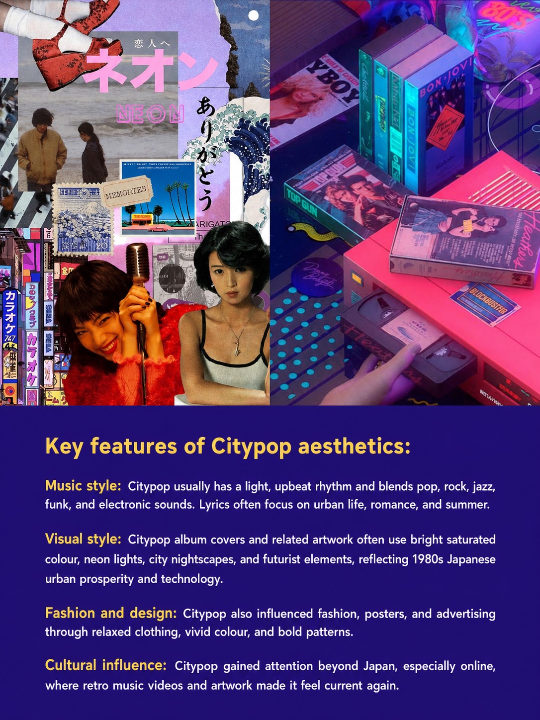 Key features of Citypop aesthetics with music, visual style, fashion and cultural influence