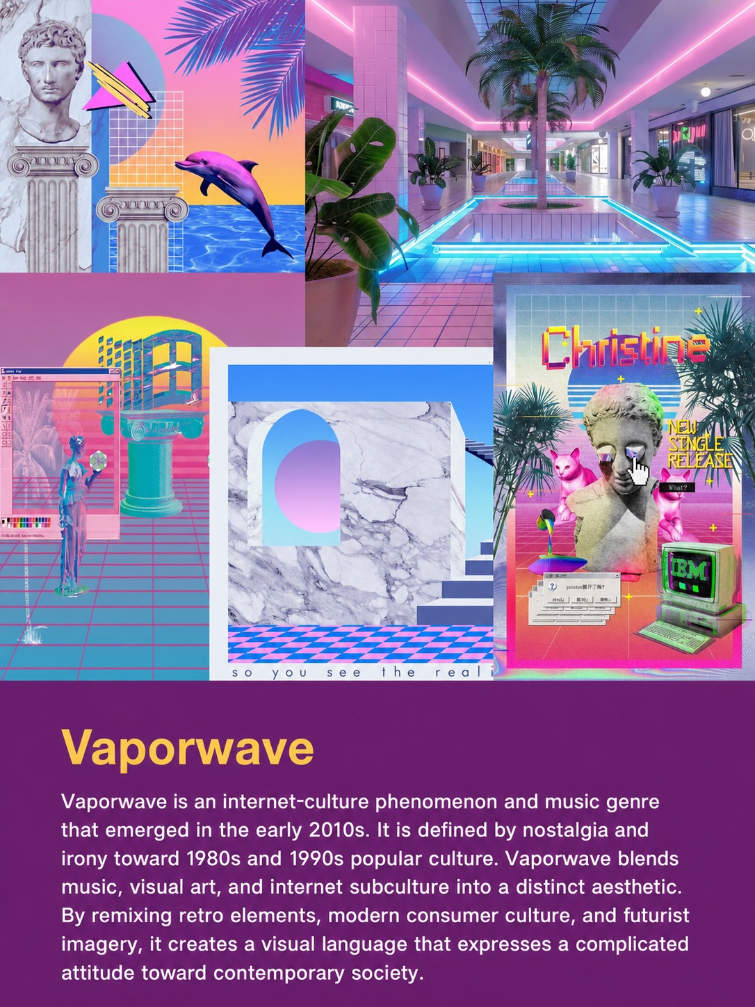 Vaporwave moodboard with neon architecture, classical statues, pools and retro digital imagery
