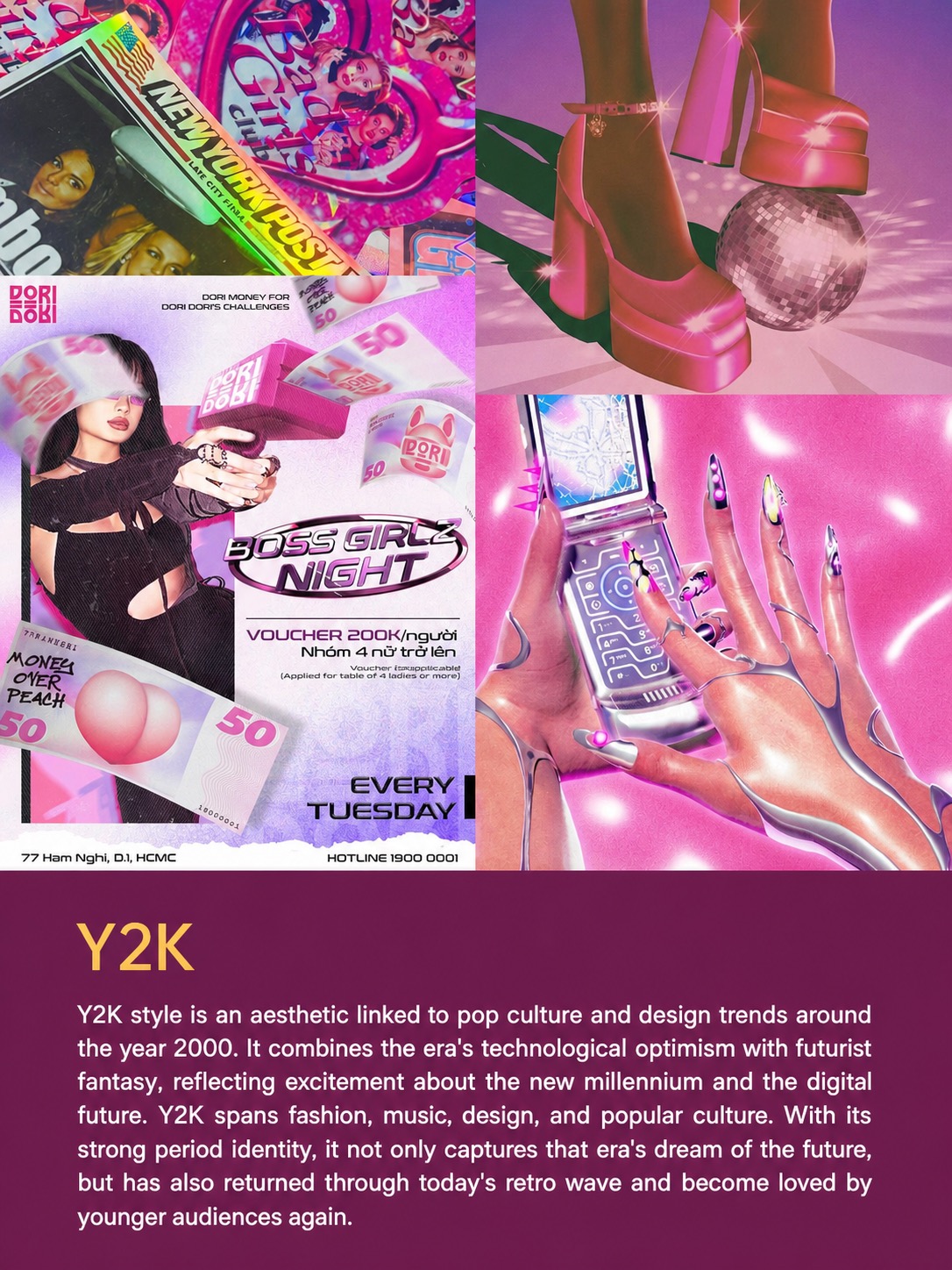 Y2K moodboard with pink platforms, retro mobile phones, glossy graphics and cyber-pop imagery