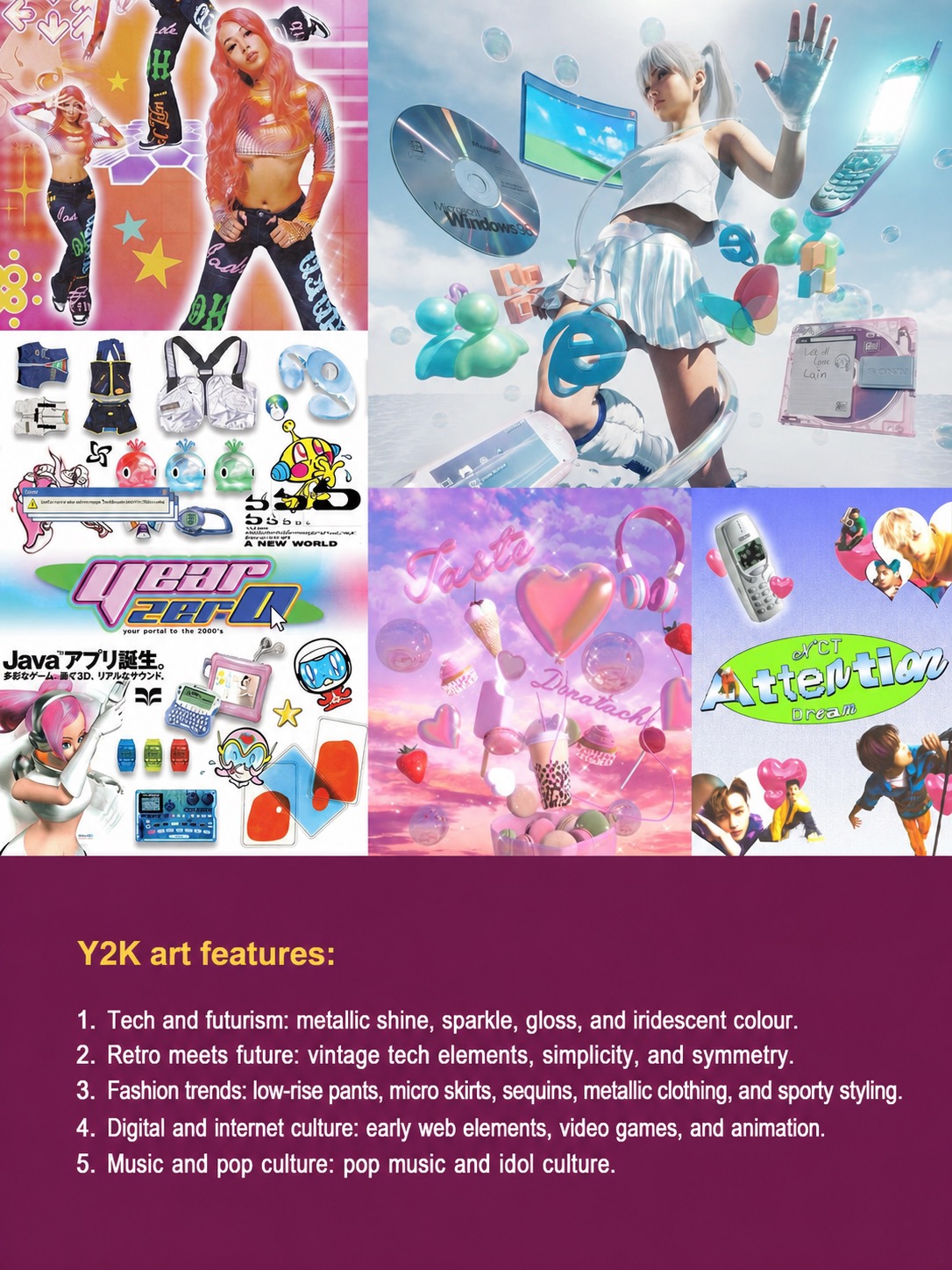 Y2K art features with metallic shine, retro technology, pink graphics and pop culture references