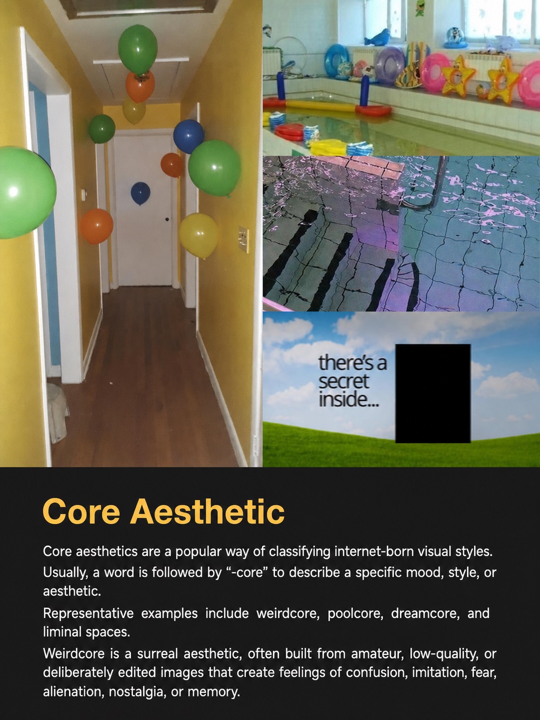 Core Aesthetic explainer with dreamlike rooms, pools, balloons and uncanny visual references