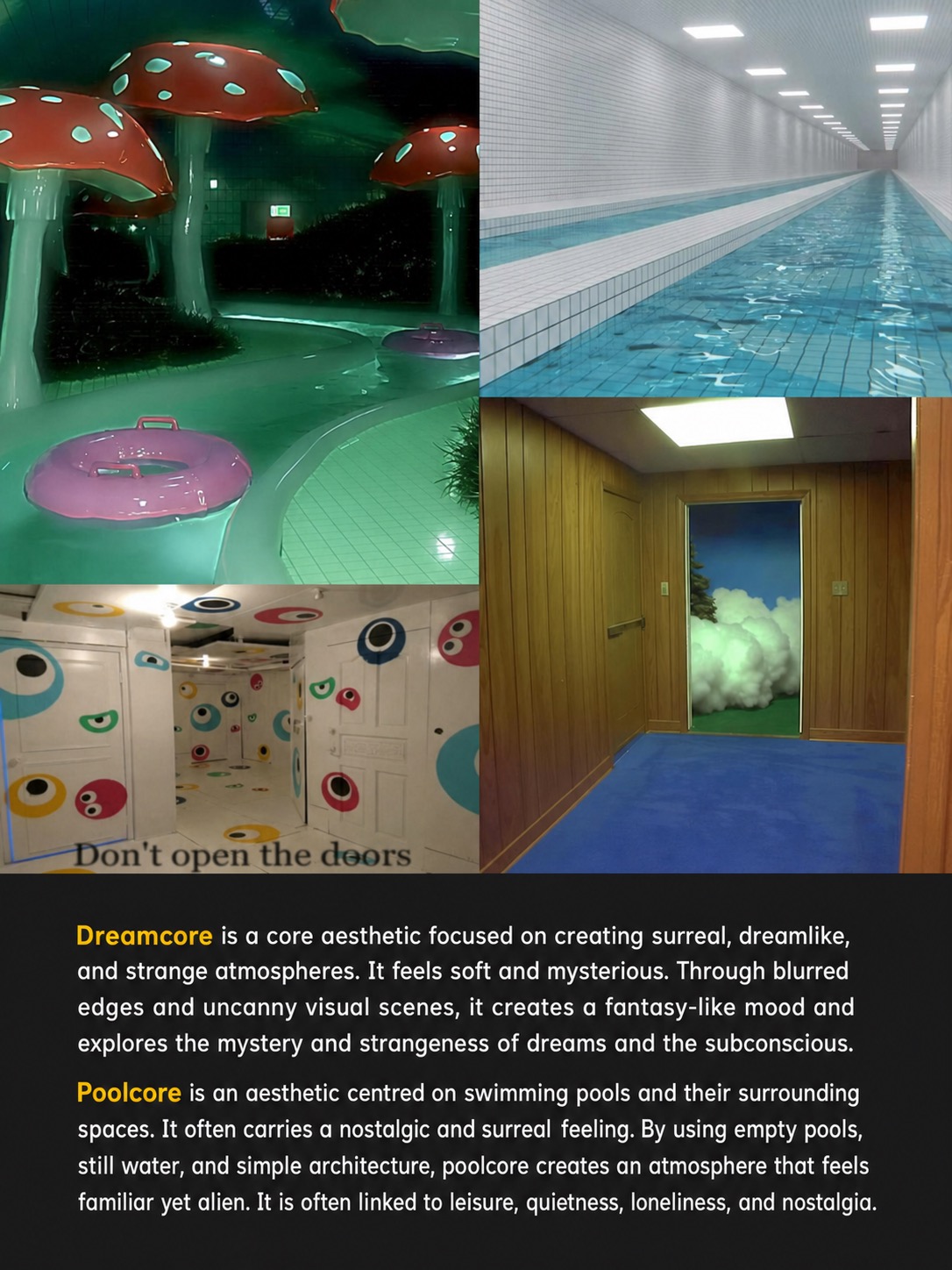 Dreamcore and Poolcore moodboard with surreal pools, empty interiors and uncanny leisure spaces