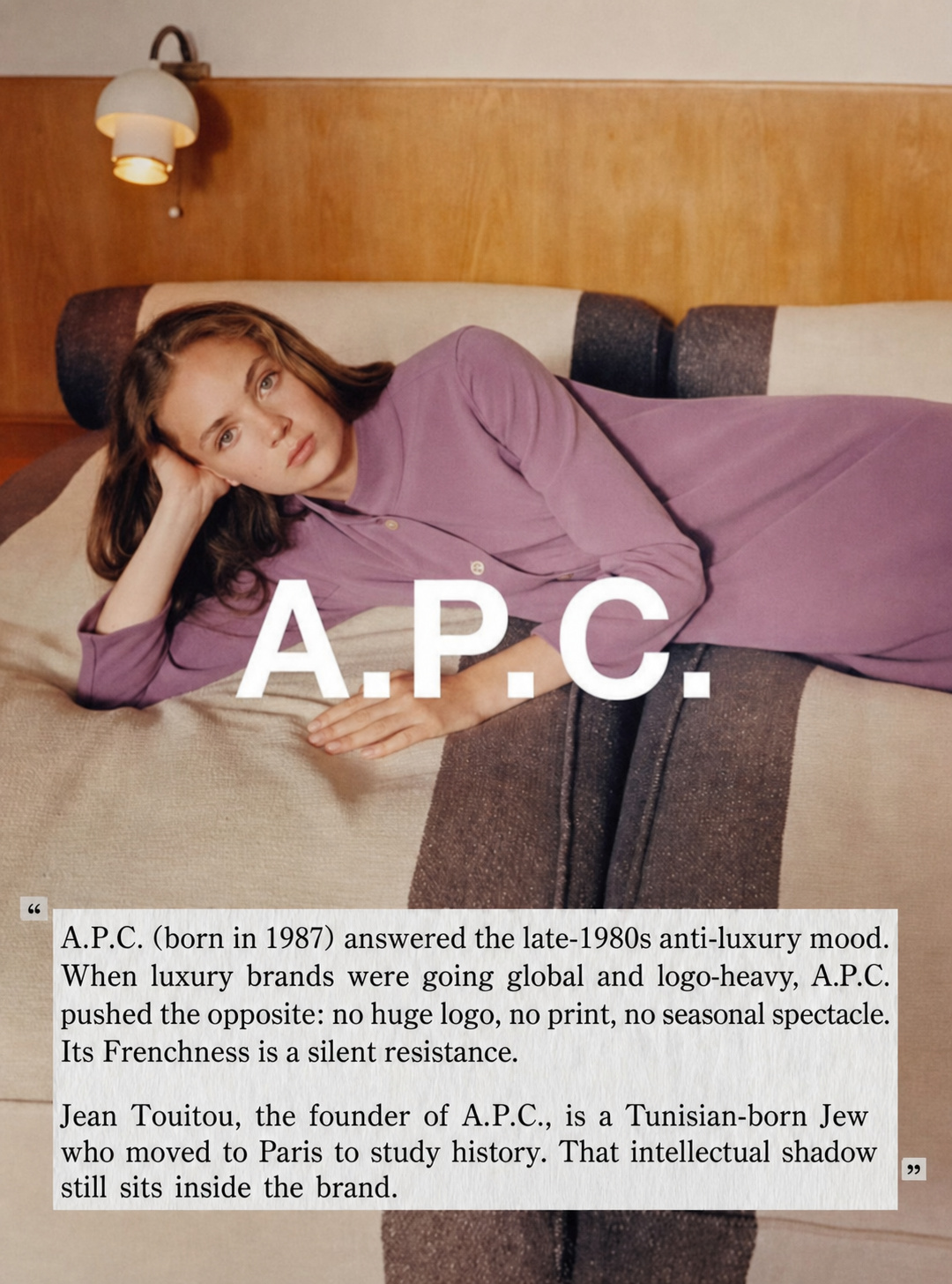 A.P.C. fashion note with purple dress and French minimalist brand analysis