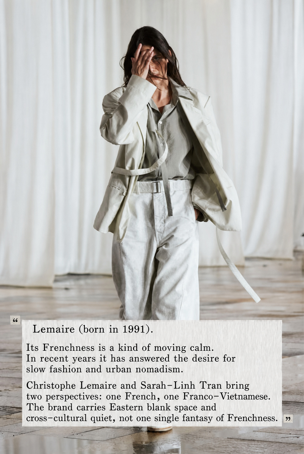 Lemaire style note with white layered tailoring and quiet cross-cultural minimalism