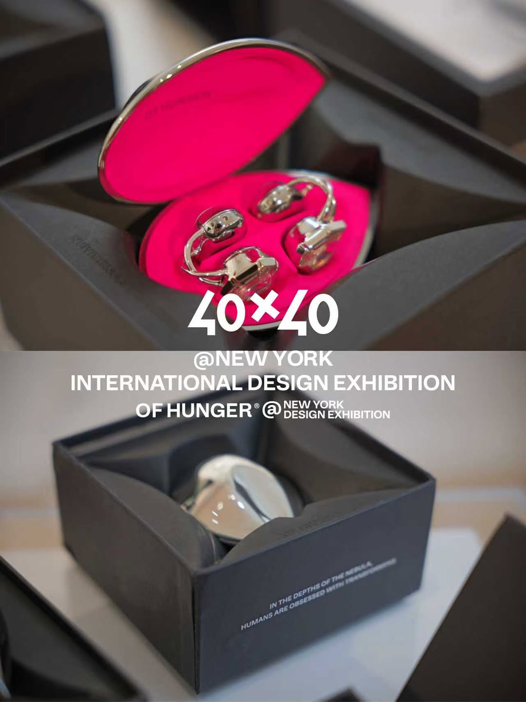 Black gift box presentation with silver sculptural ear pieces and achromatic display styling.