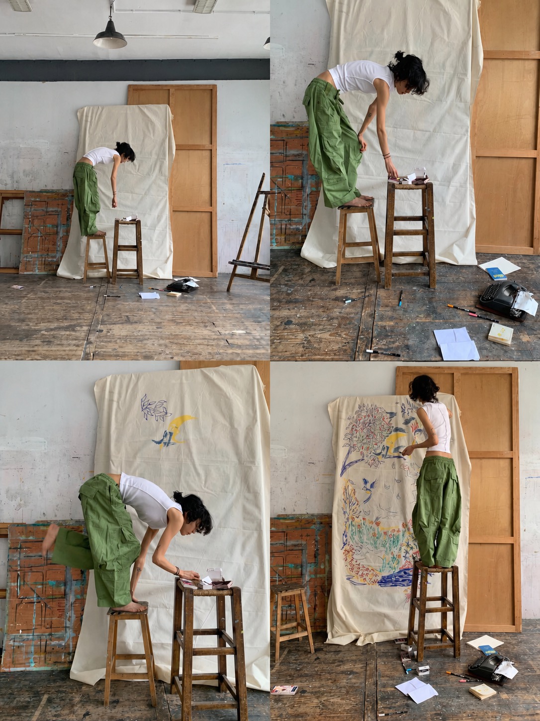 A gender neutral artist outfit with loose layers and androgynous styling