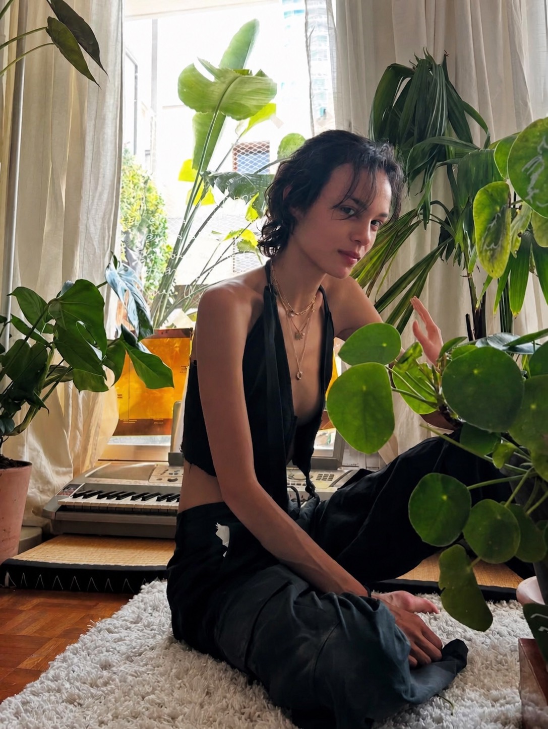 An androgynous outfit with soft tailoring and relaxed creative energy