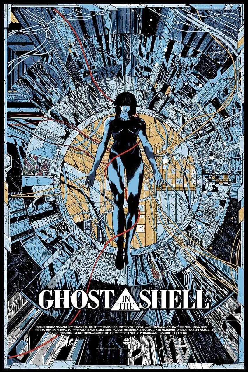 Ghost in the Shell 1995 anime frame with Motoko Kusanagi in a cyberpunk city