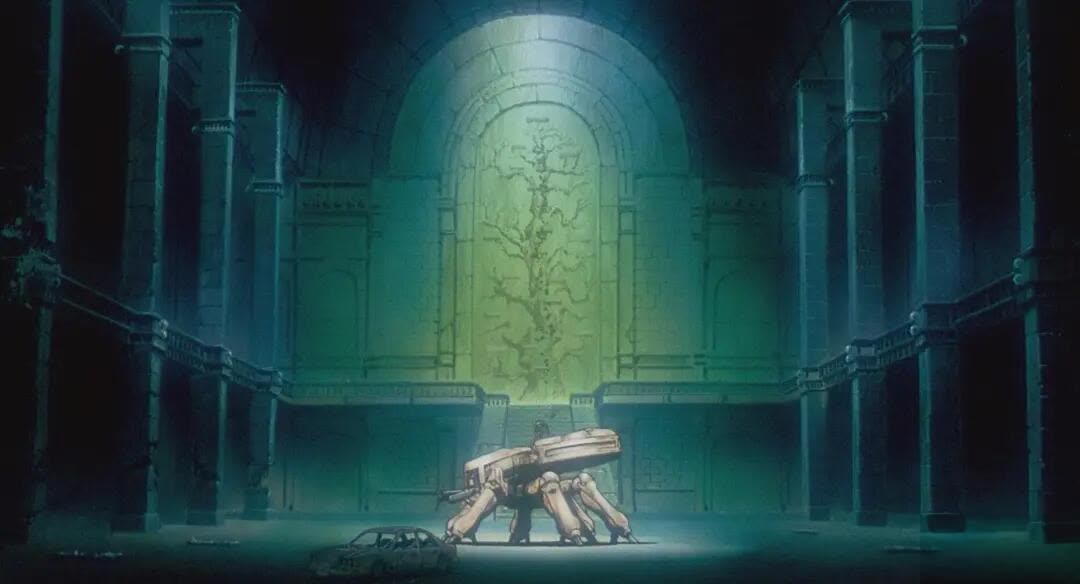 Ghost in the Shell 1995 anime image with city lights and cyberpunk atmosphere
