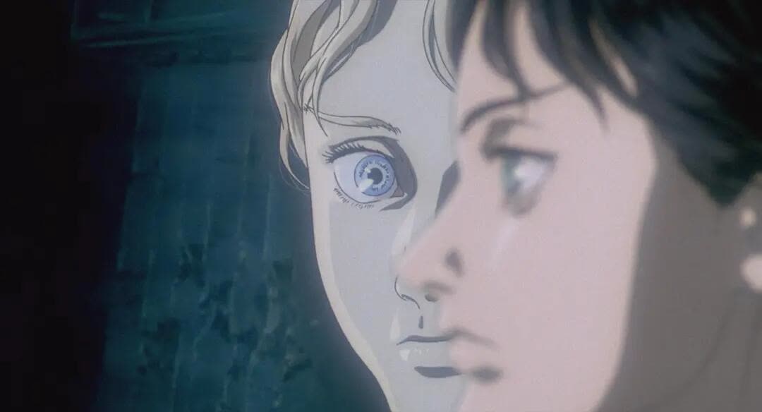 Ghost in the Shell 1995 anime scene with reflective water and future city texture