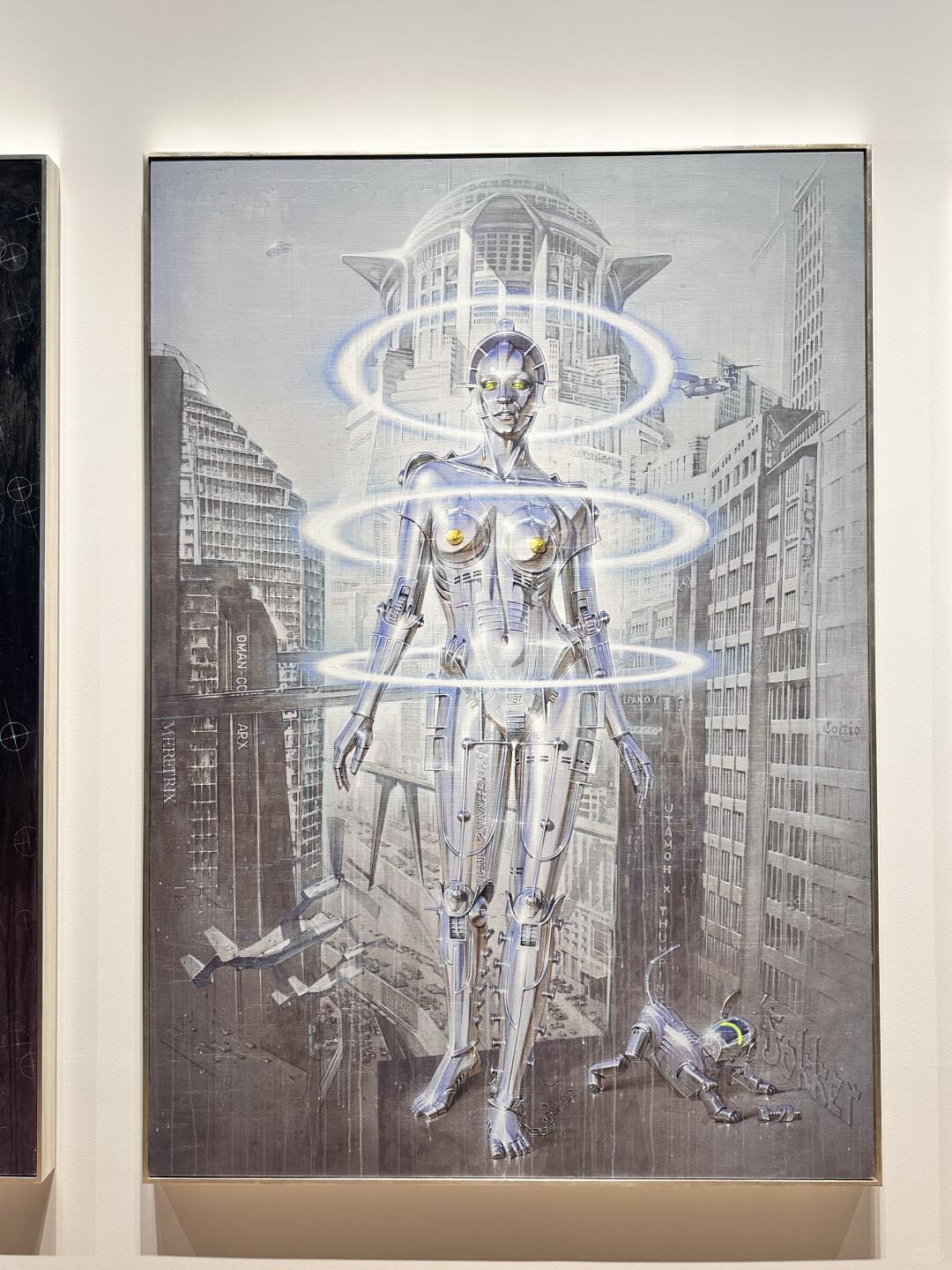 Painting of chrome robot with halo-like rings in urban futuristic scene