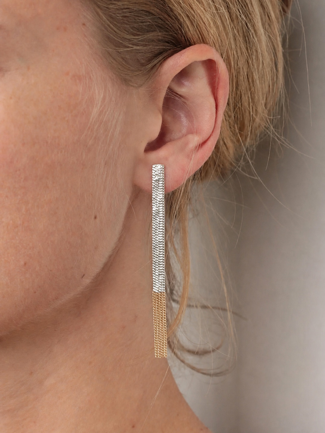 Long silver and gold geometric Hannah Keefe earring