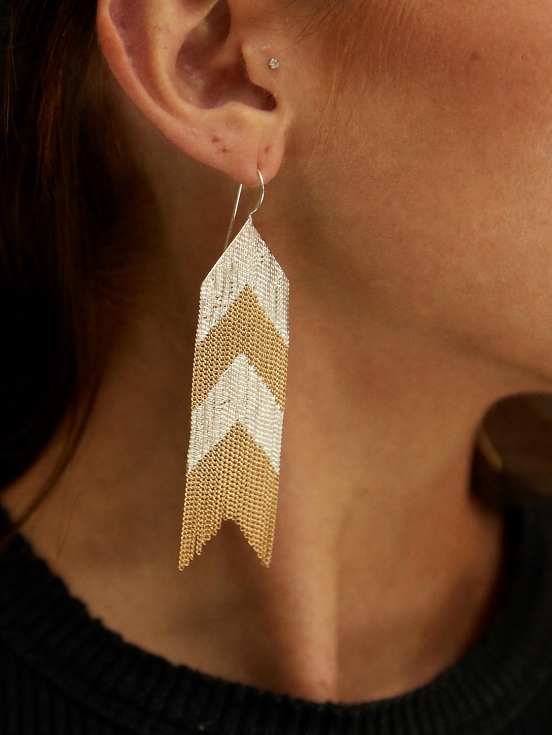 Long silver rectangular Hannah Keefe chain earring