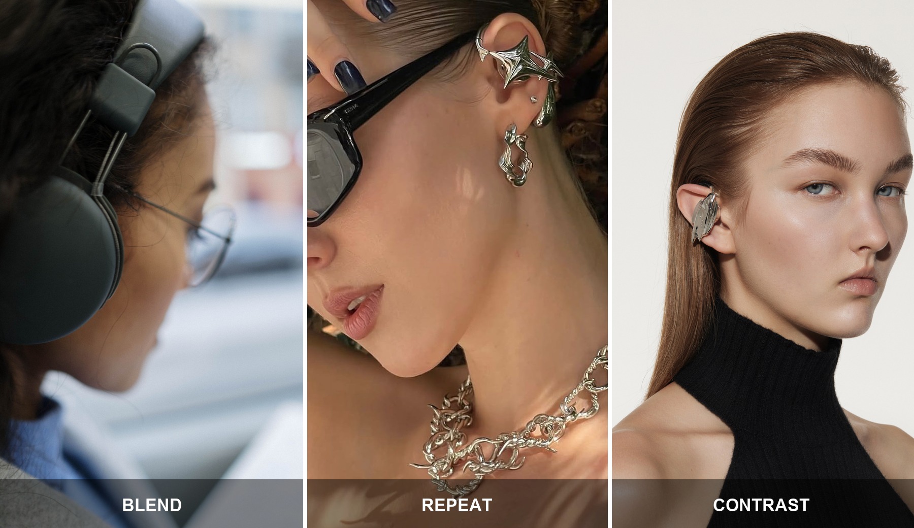 Three styling strategies demonstrated on the same outfit: blend, repeat, contrast.