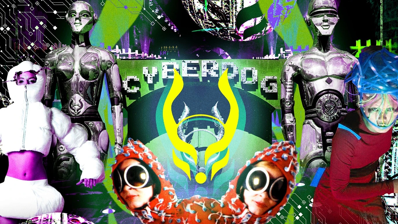 Cyberdog editorial collage combining futuristic clubwear, oversized goggles, neon colors and the shop's metallic figures.