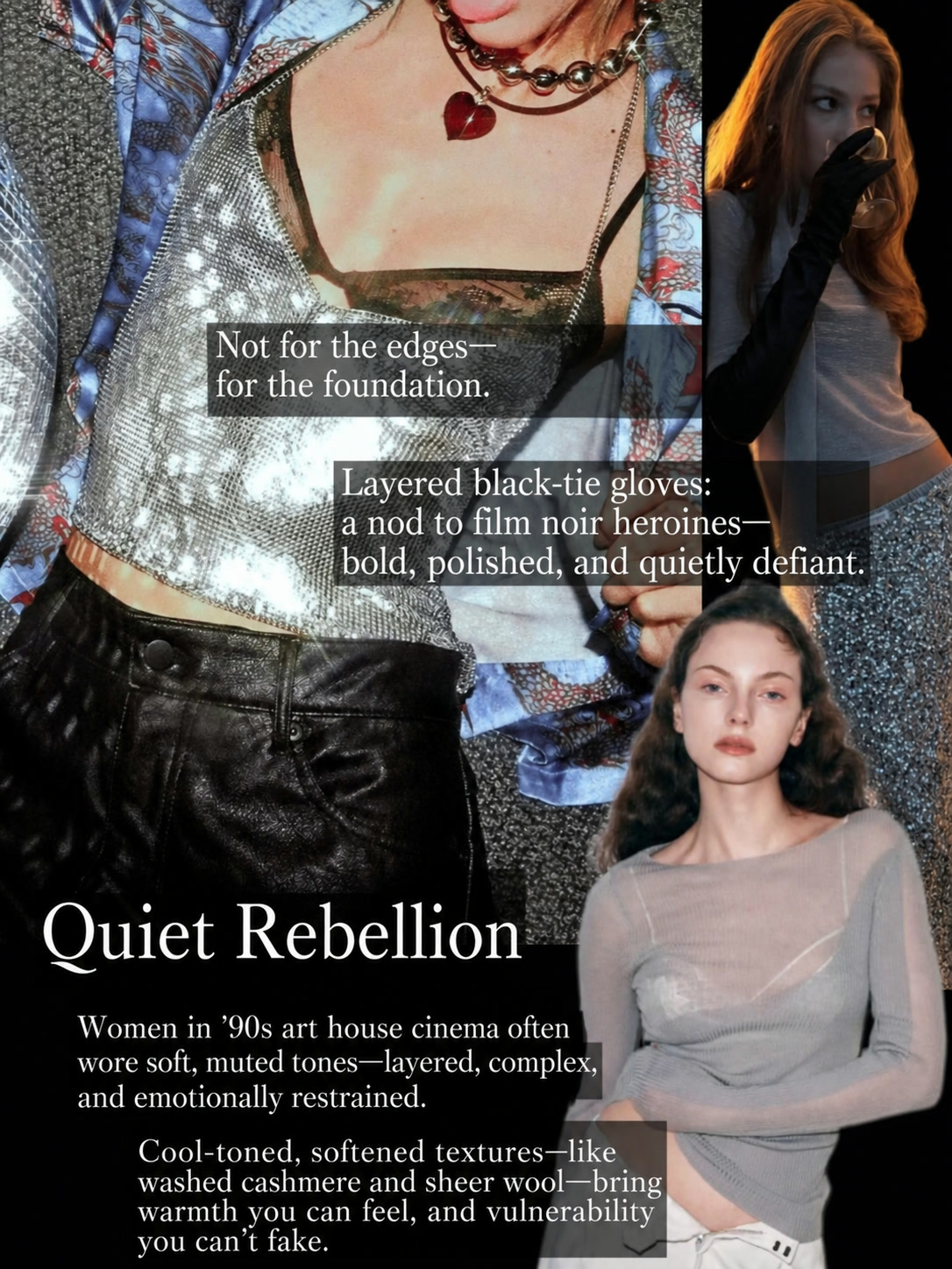 90s grunge outfit with sheer layers, vintage fragments, and a soft but rebellious silhouette