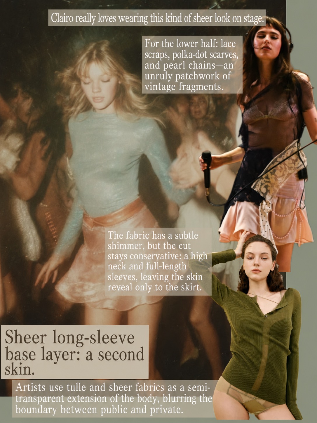 Loose lace, dusty grey, and a quiet metal detail used for a soft grunge outfit