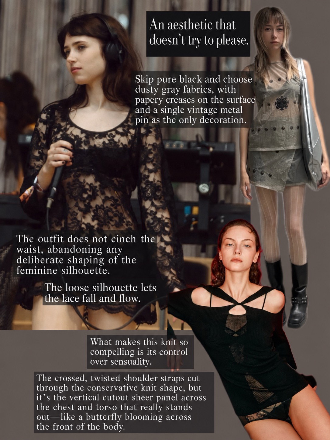 Red accents and pale knitwear create a deliberate clash inside a 90s grunge aesthetic