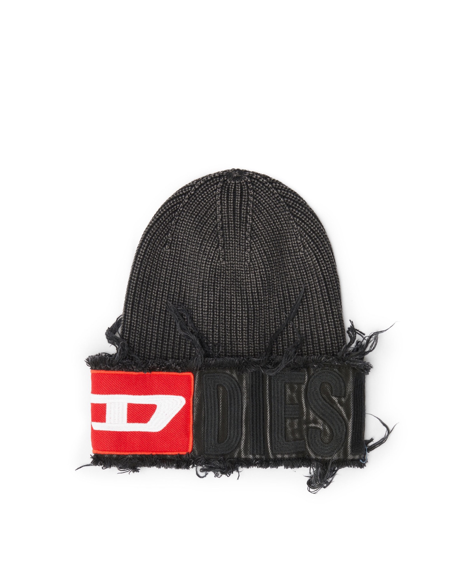 Black Diesel beanie with a faded denim effect and frayed logo patches
