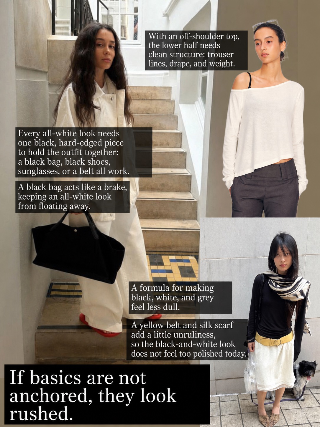 White basics styled with black accessories, grey trousers, yellow belt, and silk scarf