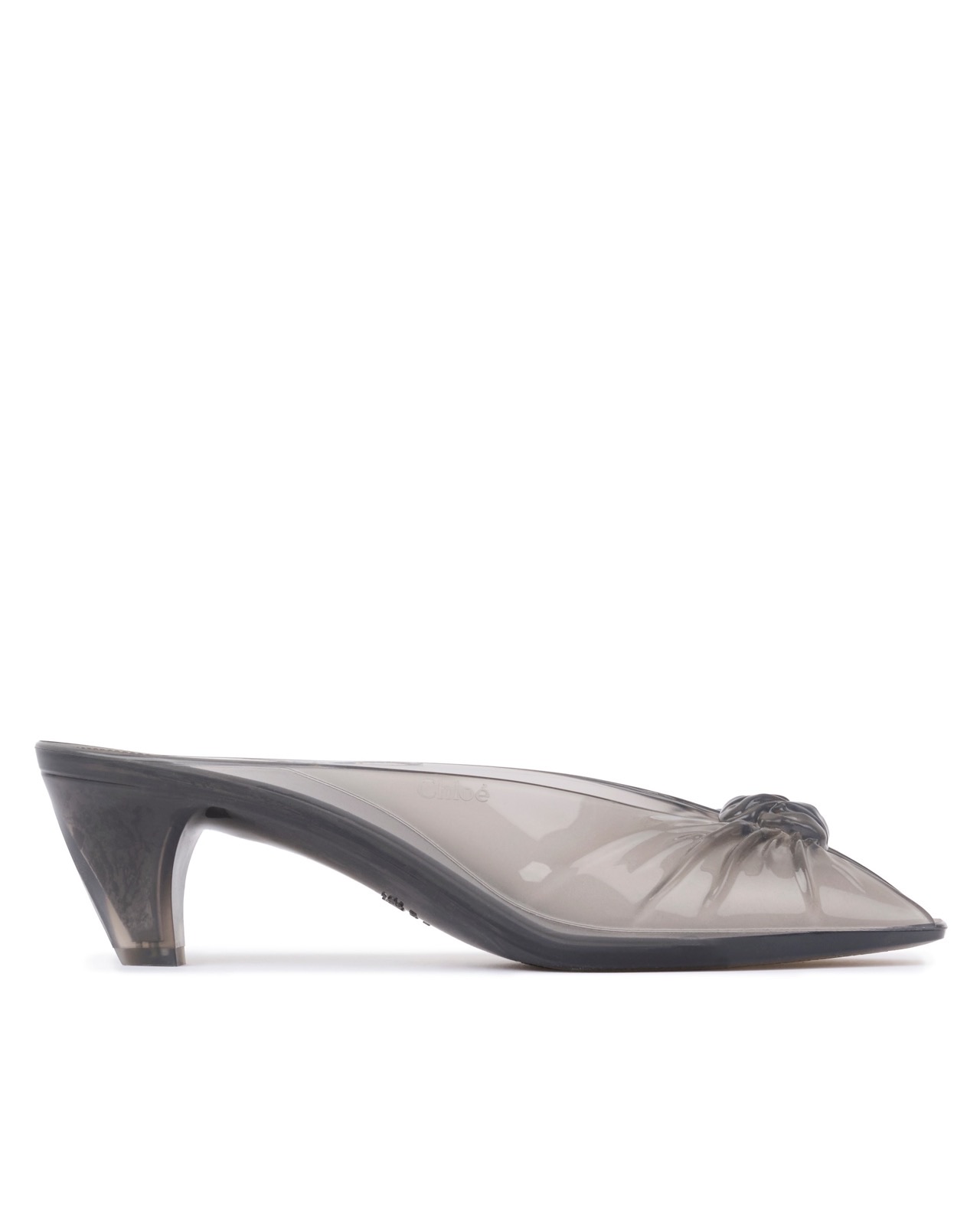 Chloé ash-grey translucent Jelly mule with a gathered knot and curved kitten heel