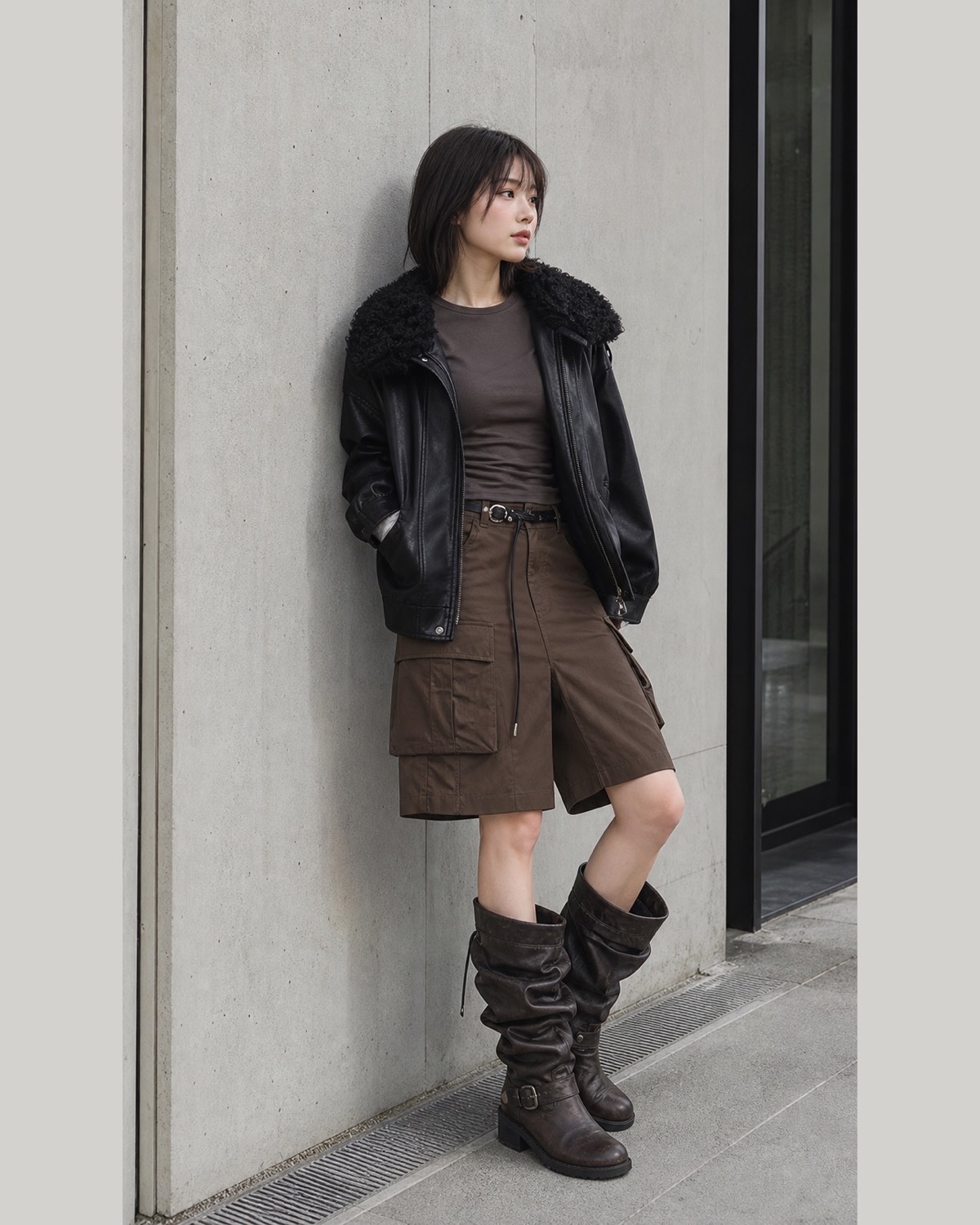 Black shearling-collar leather jacket, brown cargo shorts and slouchy biker boots