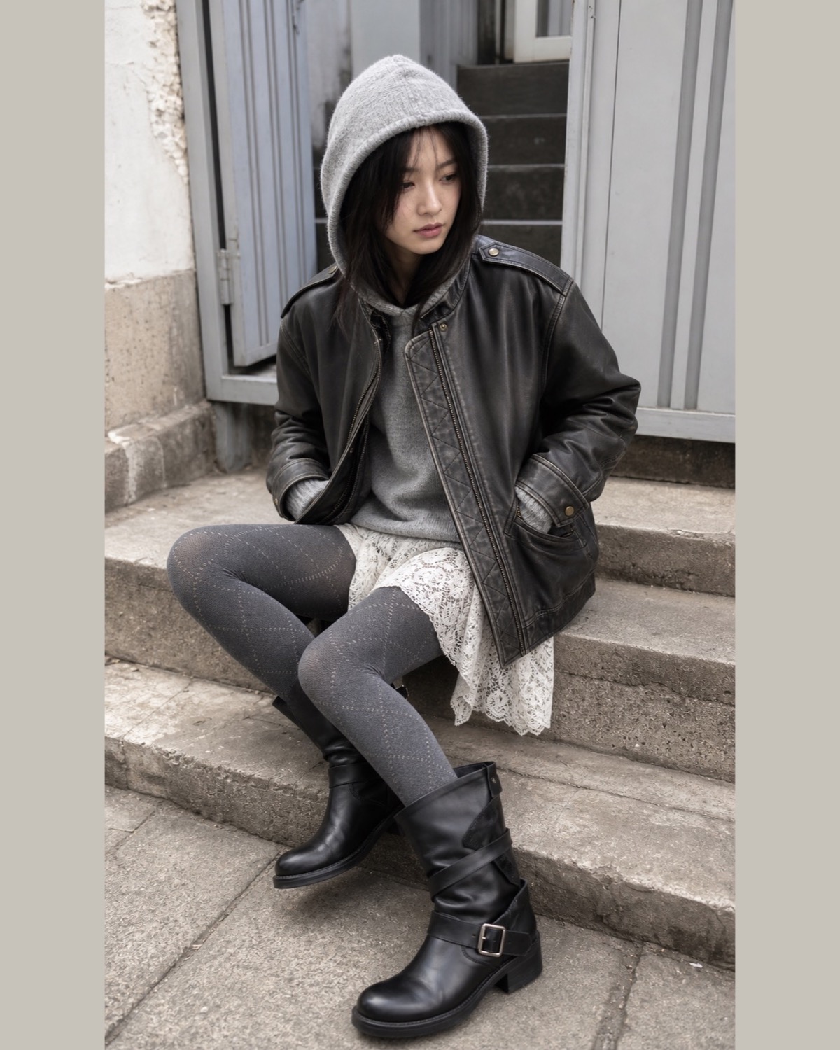 Grey knit hood, black leather jacket, pale lace skirt and patterned tights with biker boots