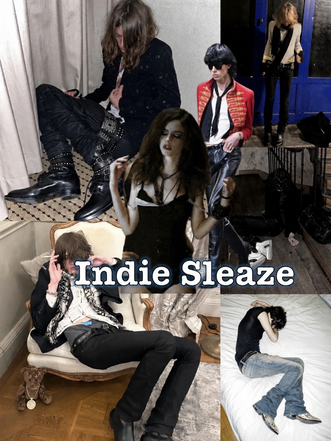 Indie sleaze fashion collage with skinny silhouettes, party references and retro styling
